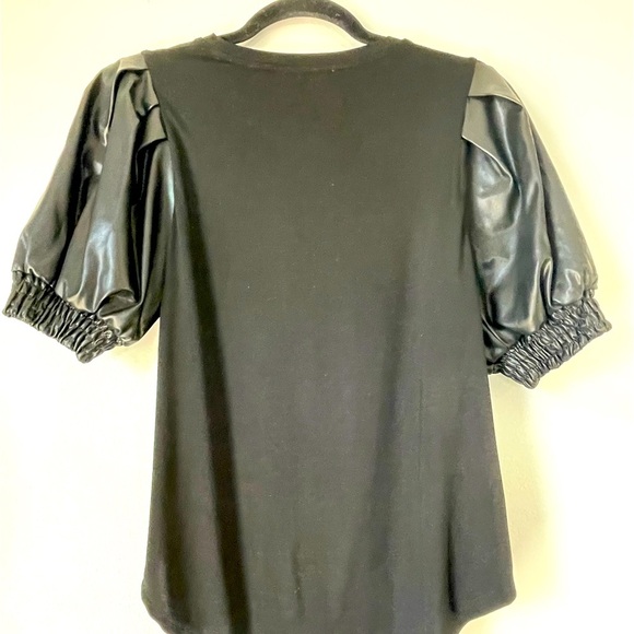 Another Love Size XS Black Puff Pleated Vegan Leather Sleeve Pullover Top - Picture 3 of 6